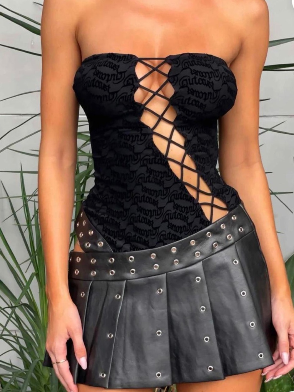 Black Strapless Lace-Up Mini Dress